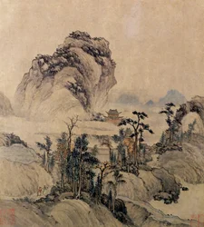Bergsutsikt (bläck, tvätt och färg på papper)