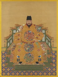 Porträtt av kejsar Yingzong av Ming (1427-1464) (hängande rulle, bläck och färger på siden)