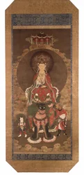 Bodhisattvan Mañjusrî på ett lejon, sent 1300-tal (bläck, färg och guldpigment på siden)