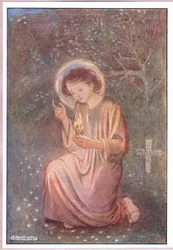 Han knäböjde på det daggiga gräset (färg litho)