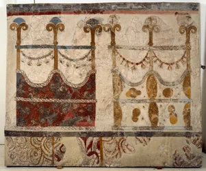 Minoisk civilisation: avbildning av två portaler (Ikria). Fresk från det lustrala bassängen i byggnaden Xeste 3 i Akrotiri (Thera), Santorini