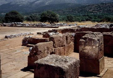 Minoisk civilisation: utsikt över ruinerna av Palace of Malia (eller Mallia) runt 2000 f.Kr.