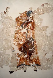 Minoisk civilisation: kvinnor i dyrkan. Detalj. Fresk från lustralbassängen i Xeste 3 i Akrotiri (Théra), Santorini. Mått 143 x 381 cm, 1500-talet f.Kr. Santorini, samling av fresker från Akrotiri på Thera