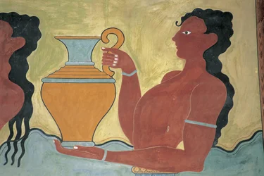 Närbild av en väggmålning på väggen av ett palats, Palace of Minos, Knossos, Kreta, Grekland