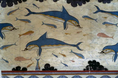 Drottningens megaron dekorerat med delfinfresker, Knossos palats, Kreta, Grekland, minoisk civilisation