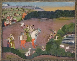 Baz Bahadur och Rupmati på falkjakt. Omkring 1735