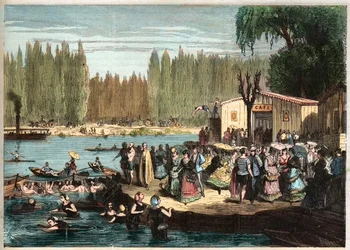 Simning vid La Grenouillere, strax utanför Paris - La Grenouillere vid Croissy-sur-Seine 1869 - efter Miranda