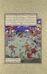 The Combat of Rustam and Ashkabus, Folio 268v från Shahnama Book of..., ca. 1525-30.