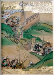Avsnitt av Imperial Struggles in Japan (1308-1368). Miniatyr av skolan Tosa (1600-talet) med bladguld och pärlemor till ostron. Privat samling
