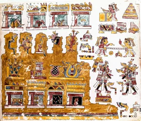 Mixtec civilisation: Mixtec Codex med illustrationer av aktiviteter som äger rum innan ett tempel - Precolombian konst, blandad civilisation: scener av det dagliga livet framför ett tempel - Detalj av en kopia av Codex Vindobonensis eller wienska codex ski