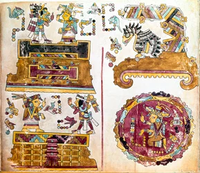 Mixtec civilisation: Mixtec Codex med illustrationer av dagliga aktiviteter - Precolombian konst, blandad civilisation: scenes de vie quotidienne - Detalj av en kopia av Codex Vindobonensis eller wienska codex skickad av Hernan Cortes till Charles V 1519 -