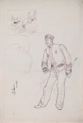 Förberedande ritning för ett träklosstryck som föreställer en japansk sjöofficer under det kinesisk-japanska kriget