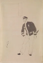 Förberedande ritning för ett träklosstryck som föreställer en japansk sjöofficer under det kinesisk-japanska kriget