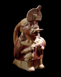 Förcolumbiansk konst, Mochekulturen (Moche, Mochica): antropomorf vas som föreställer en präst som offrar två djur. 200 f.Kr.-700 e.Kr. Lima, Nationella museet för antropologi och arkeologi