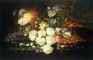 Stilleben med rosor, krysantemum, vindruvor och jordgubbar