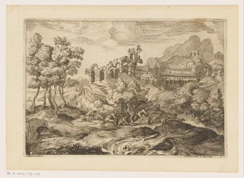 Landskap med herdar med en flock vid en ruin Landskap efter Titian (serietitel)