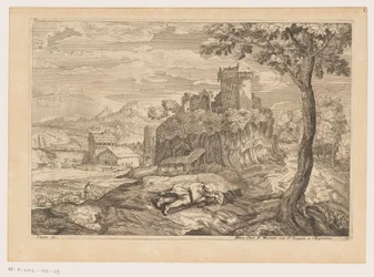 Landskap med en vilande herde, i bakgrunden en flod med bro och vattenkvarn Landskap efter Titian (serietitel)