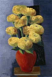 Gula blommor i en röd vas; Fleurs Jaunes dans un Vase Rouge