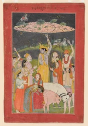 Krishna håller berget Govardhan, Pahari-skolan (målning)