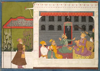 Shishupal argumenterar med Rukminis far, Bhishmaka, sida från en Rukmani Mangal-serie, ca. 1800.