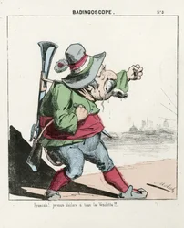 Flygande blad, nummer 5, Satirisk i färger, cirka 1870: Badingoskop - Paris kommun/krig/belägring, jakt, republikens president - Napoleon III - Illustration av Moloch (1849-1909)