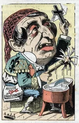 Allegori över den franska tidningen Le Figaro i "" Le Trombinoscope"" av Touchatout, tecknad av B. Moloch från 1882 (1849-1909). Privat samling.