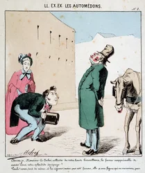 HAN. EX. EX. Motoredons: Tecknad film om transporter i staden. En man ber en kusk att transportera honom och hans fru. Den högmodige kusken vägrar att kvinnan går ombord. Teckning av Moloch (1849-1909), omkring 1860.