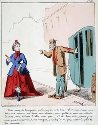 HAN. EX. EX. Motoredons: Tecknad film om transporter i staden. Kusken tillrättavisar en borgare som går till parken medan hennes man bad chauffören att köra henne till en annan plats. Teckning av Moloch (1849-1909), omkring 1860.