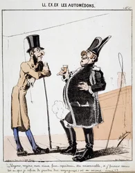HAN. EX. EX. Motoredons: Tecknad film om transporter i staden. Två cochers pratar över ett glas alkohol istället för att ta passagerare. Teckning av Moloch (1849-1909), omkring 1860.