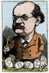 Porträtt av Alexandre Charles Lecocq (1832-1918), fransk kompositör i "" Le Trombinoscope"" av Touchatout, karikatyr av B. Moloch från 1882 (1849-1909). Privat samling.