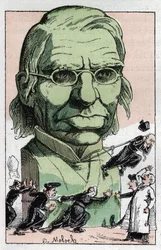 Porträtt av Emile Littre (1801-1881), fransk filolog, läkare och politiker i "Le Trombinoscope"" av Touchatout, tecknad av B. Moloch från 1882 (1849-1909). Privat samling.