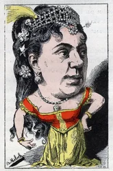 Porträtt av Emma Valladon dit Theresa (1837 -1913) sångerska i fransk kabaré i "" Le Trombinoscope"" av Touchatout, tecknad av B. Moloch från 1882 (1849-1909). Privat samling.