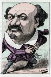 Porträtt av Francois Pierre VILLARET (1830-1896) tenor i operan mellan 1863 och 1882 i "" Le Trombinoscope"" av Touchatout, karikatyr av B. Moloch från 1882 (1849-1909). Privat samling.