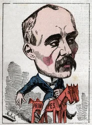 Porträtt av Georges Clemenceau (1841-1929) politiker i "Le Trombinoscope"" av Touchatout, karikatyr av B. Moloch från 1882 (1849-1909). Privat samling.