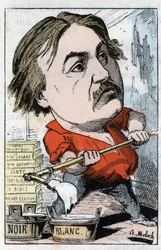 Porträtt av Gustave Dore, serietecknare och gravör 1832-1883 i "" Le Trombinoscope"" av Touchatout, karikatyr av B. Moloch från 1882 (1849-1909). Privat samling.