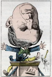 Porträtt av Henri, Pierre, Edmond DUFAUR DE GAVARDIE (1823 - 1910) fransk senator i "" Le Trombinoscope"" av Touchatout, tecknad av B. Moloch från 1882 (1849-1909). Privat samling.