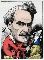 Porträtt av Henri de Rochefort (1831-1913) Marquis de Rochefort, journalist, politiker och författare i "Le Trombinoscope" "av Touchatout, tecknad av B. Moloch från 1882 (1849-1909). Privat samling.
