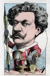 Porträtt av Louis Alexandre Gosset de Guines dit Andre Gill (1840 - 1885) fransk poetmålare i "" Le Trombinoscope"" av Touchatout, tecknad av B. Moloch från 1882 (1849-1909). Privat samling.