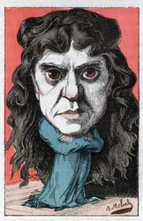 Porträtt av Marie Laurent eller Marie LUGUET Fransk dramatisk konstnär från 1800-talet i "" Le Trombinoscope""" av Touchatout, karikatyr av B. Moloch från 1882 (1849-1909). Privat samling.