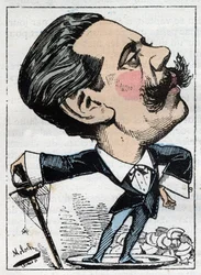 Porträtt av Paul Granier de Cassagnac (1842-1902), fransk politisk journalist i "Le Trombinoscope"" av Touchatout, tecknad av B. Moloch från 1882 (1849-1909). Privat samling.