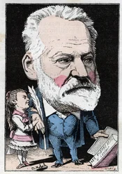 Porträtt av den franske författaren Victor Hugo (1802-1885) i "" Le Trombinoscope"" av Touchatout, karikatyr av B. Moloch från 1882 (1849-1909). Privat samling.