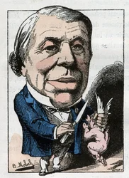 porträtt av Philippe Ricord (1800-1889), fransk kirurg i "" Le Trombinoscope"" av Touchatout, tecknad av B. Moloch från 1882 (1849-1909). Privat samling.