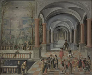 Festlig sammankomst och figurer från en Commedia dell