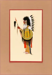 Cheyenne-krigare i fjäderhuvudbonad med sköld