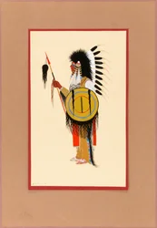 Cheyenne Warrior i fjäderhuvudbonad med sköld, ca. 1915-1937.