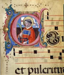Ms 543 Historikerad initial med St. Lawrence, från en psalter, ca 1515 (vellum)