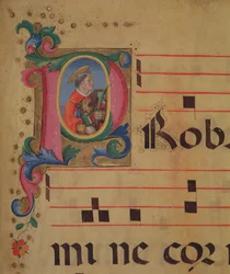 Ms 543 f.113r Historikerad initial P med St. Lawrence, från en psalter, ca 1515