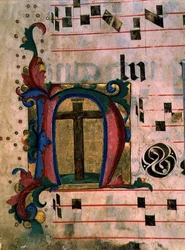 Ms 543 f.121v Historiserad initial "N" med det sanna korset, från en psaltare, ca 1515 (pergament)