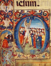Ms 543 f.5v Historikerad initial O med korsfästelsen av St. Andrew, från en psalter, ca 1515