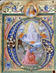 f.106v Historierad initial "G" med Jungfruns upptagande, från en missal (pergament)